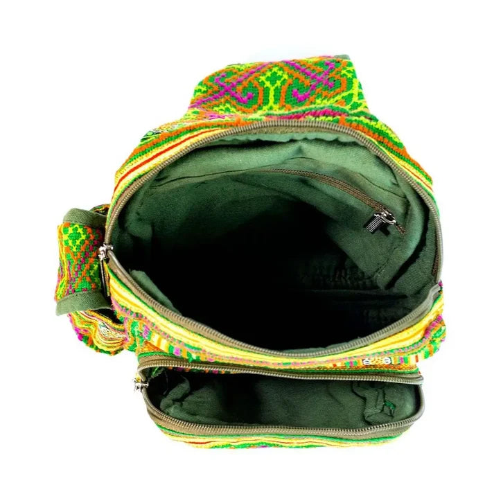 Vindigo crossbody green linen geometric tribal top opening