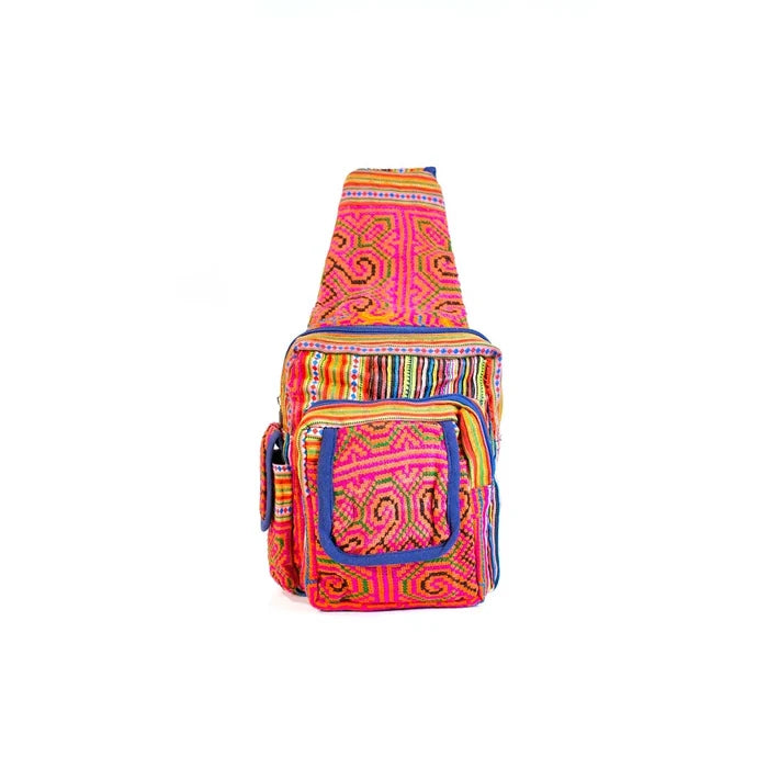 Vindigo pink tribal hemp sling bag upright front display