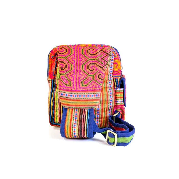 Vindigo handmade pink hemp tribal sling bag front view