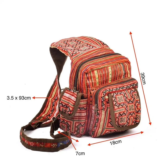 Vindigo red hemp tribal backpack with size measurements