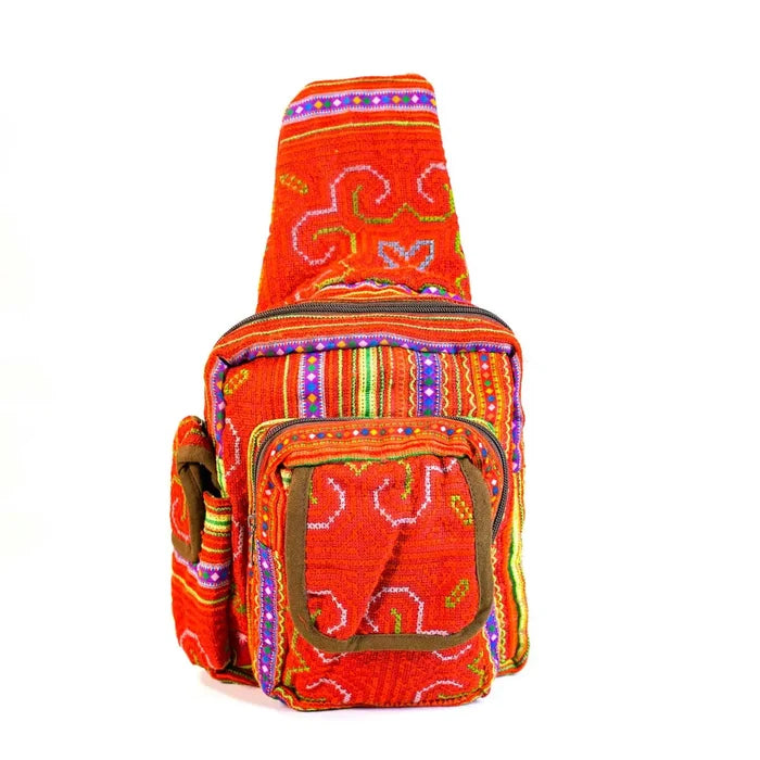 Vindigo red hemp tribal backpack front with embroidered flap