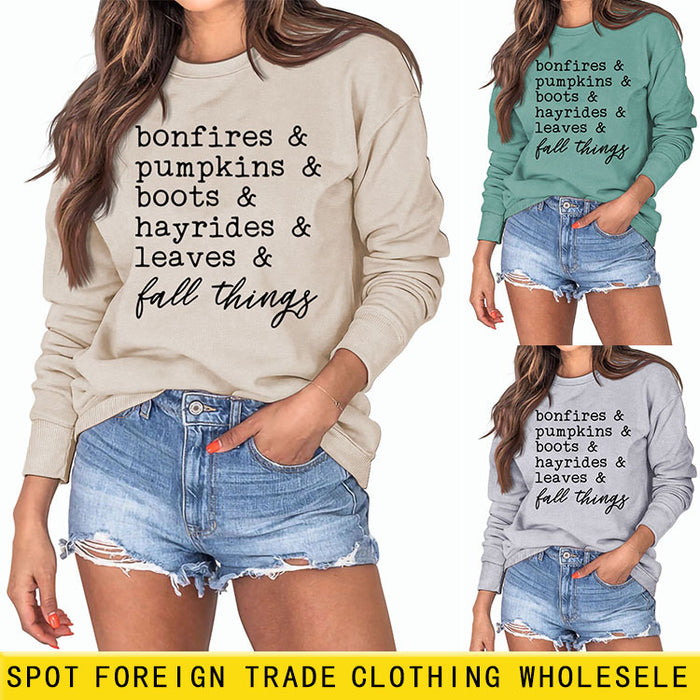 Bonfires Pumpkins Thanksgiving Letter Long-sleeved Sweatshirt Woman