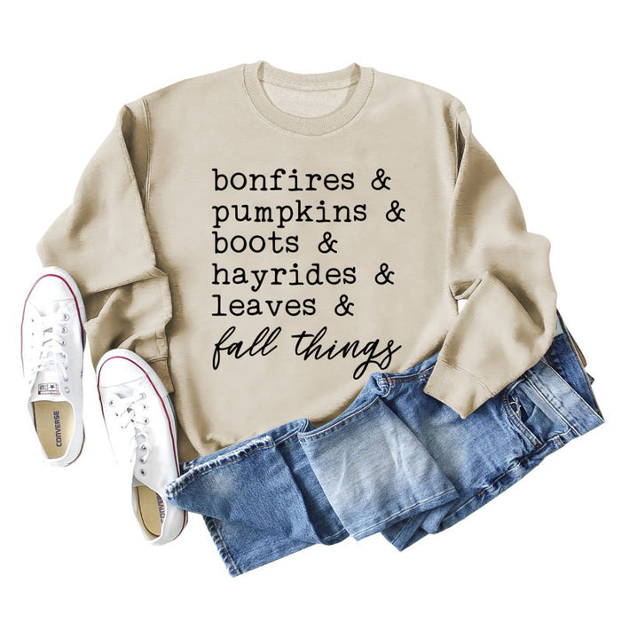 Bonfires Pumpkins Thanksgiving Letter Long-sleeved Sweatshirt Woman