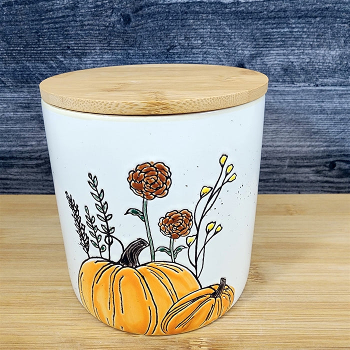 Botanical Harvest Pumpkin Canister & Lid 5" Ceramic White Jar Kimpton Blue Sky