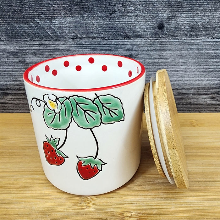 Botanical Strawberry Fields Canister & Lid 4 " Ceramic White Jar Floral Blue Sky