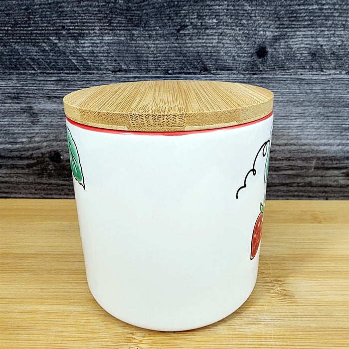 Botanical Strawberry Fields Canister & Lid 4 " Ceramic White Jar Floral Blue Sky