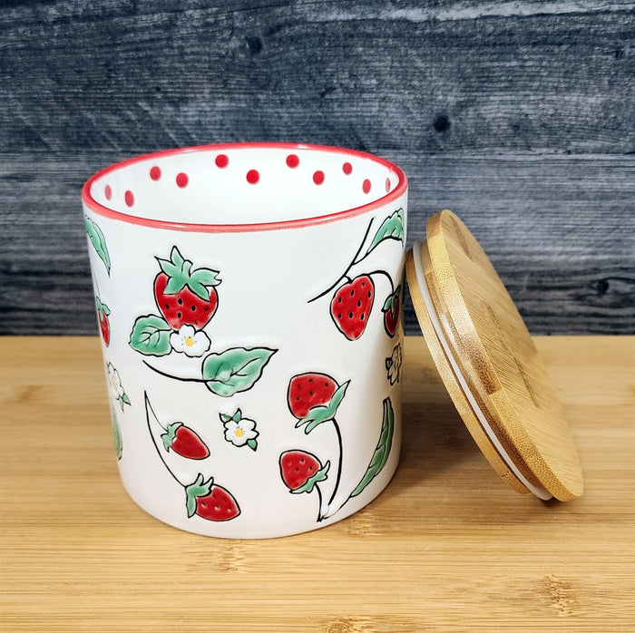 Botanical Strawberry Fields Canister & Lid 5" Ceramic White Jar Floral Blue Sky