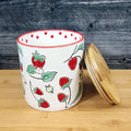 Botanical Strawberry Fields Canister & Lid 5" Ceramic White Jar Floral Blue Sky