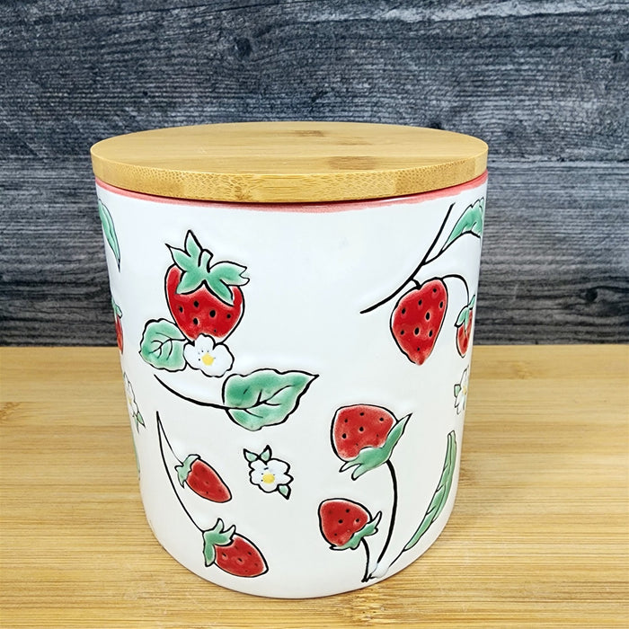 Botanical Strawberry Fields Canister & Lid 5" Ceramic White Jar Floral Blue Sky