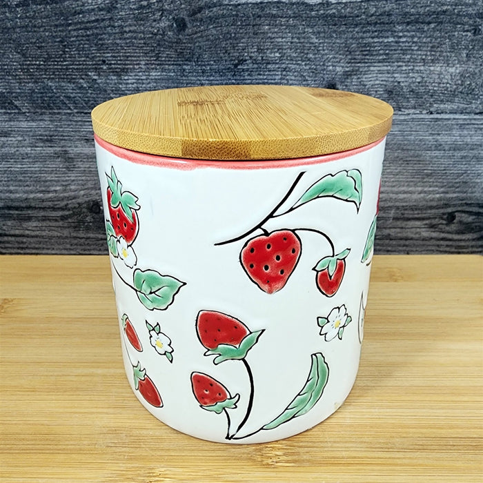 Botanical Strawberry Fields Canister & Lid 5" Ceramic White Jar Floral Blue Sky