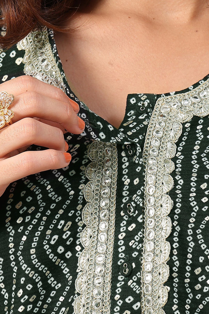 Model wearing Bottle Green Top; garment provides coverage and fit for a changing body.