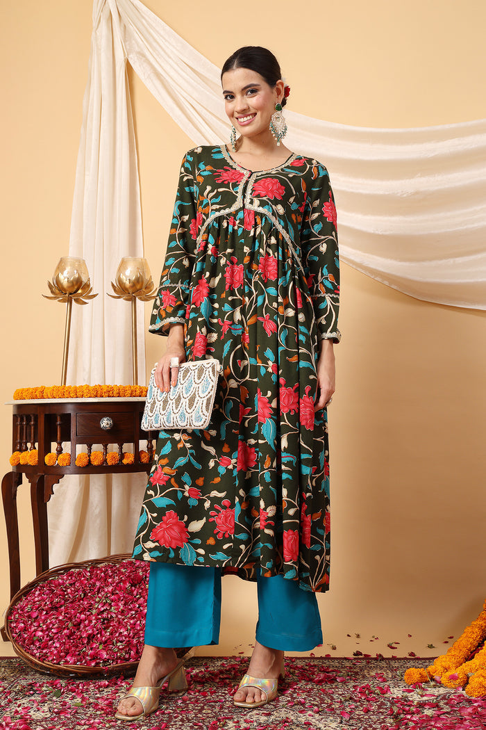 Bottle Green Zipless Rayon Suit Set: Zipless Button for easy nursing, featuring a Flattering A-Line silhouette.