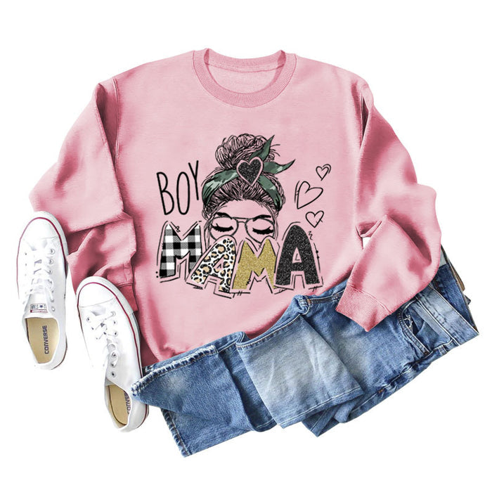 BOY MAMA Love Print Round Neck Loose Bottom Long Sleeve Sweatshirt Women