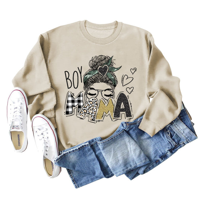BOY MAMA Love Print Round Neck Loose Bottom Long Sleeve Sweatshirt Women