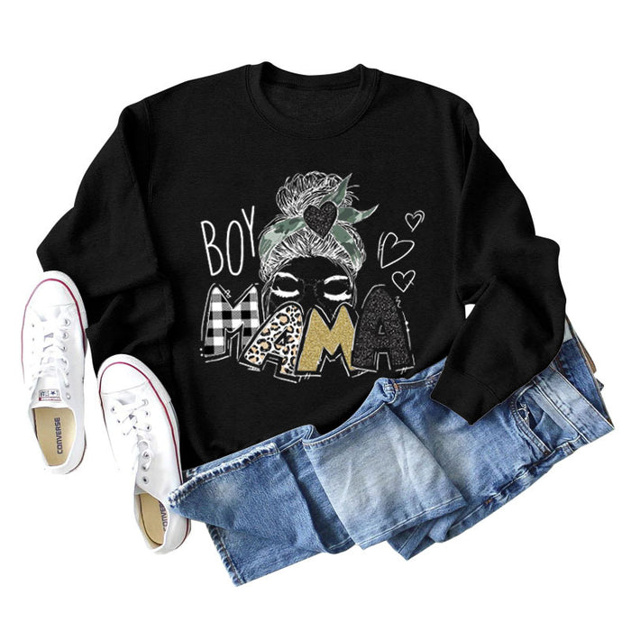 BOY MAMA Love Print Round Neck Loose Bottom Long Sleeve Sweatshirt Women