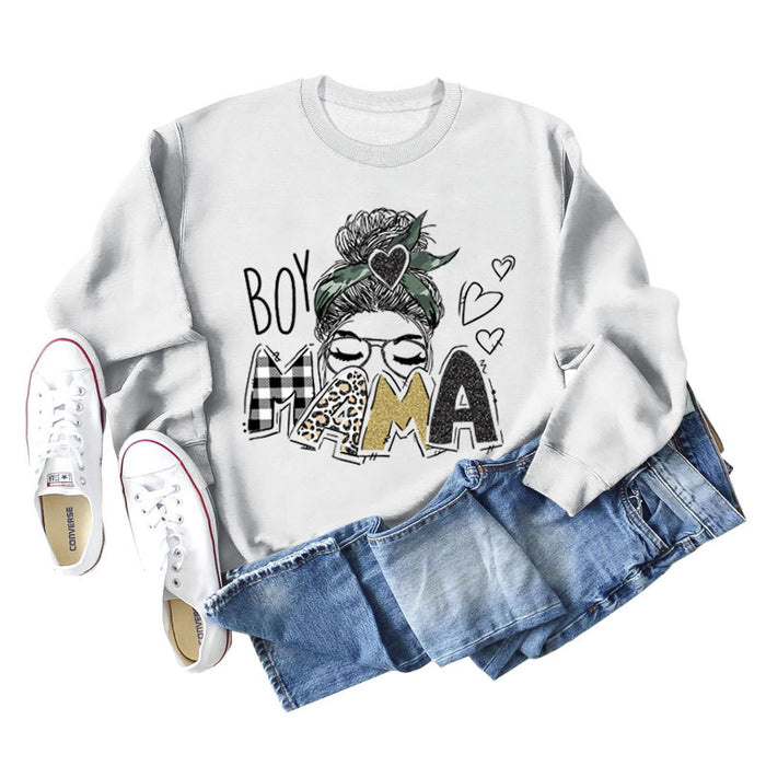 BOY MAMA Love Print Round Neck Loose Bottom Long Sleeve Sweatshirt Women