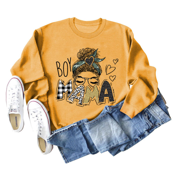 BOY MAMA Love Print Round Neck Loose Bottom Long Sleeve Sweatshirt Women