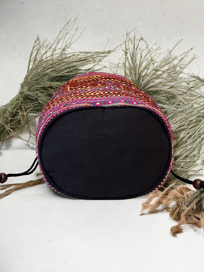 Brown and purple embroidery shoulder bag with string to close