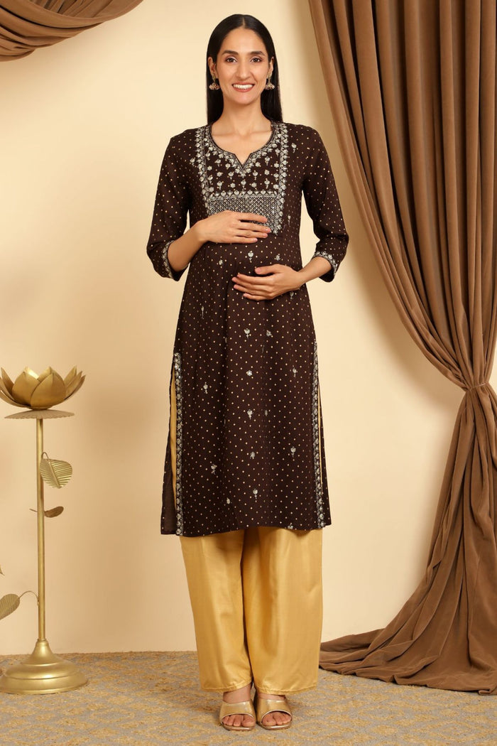Full view of the Brown sequins embroidered maternity kurti Rayon Kurti on a model, highlighting its A-line fit and le...