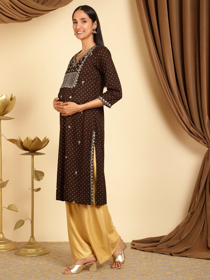 Back view of the Brown sequins embroidered maternity kurti Kurti, showcasing the flowing long-sleeve kurti.