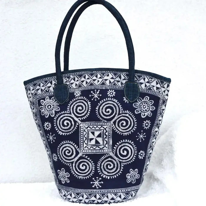 Vindigo batik tote front view with spiral motifs