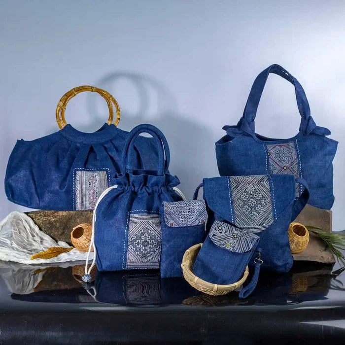 Set of indigo hemp tote bags with H’mong patches from the Purity Collection, handcrafted.