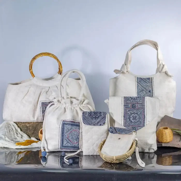 Handmade hemp handbags with bamboo handles and batik fabric decoration, Purity Collection