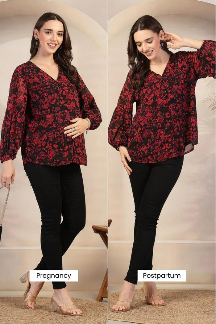 Maternity Burgundy Burst Maternity Zipless Feeding Top