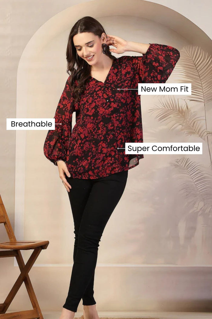 Pregnancy Burgundy Burst Maternity Zipless Feeding Top