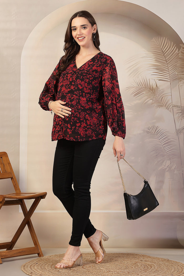Burgundy Burst Maternity Zipless Feeding Top for Pregnancy
