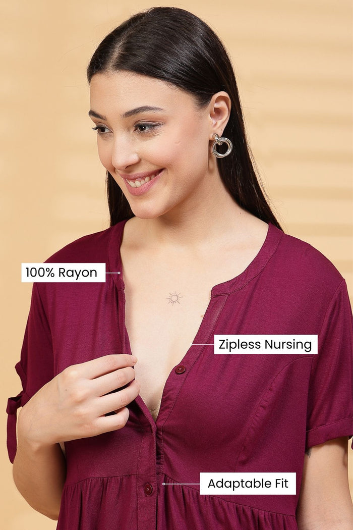 Model wearing Burgundy Solid Top; garment provides coverage and fit for a changing body.