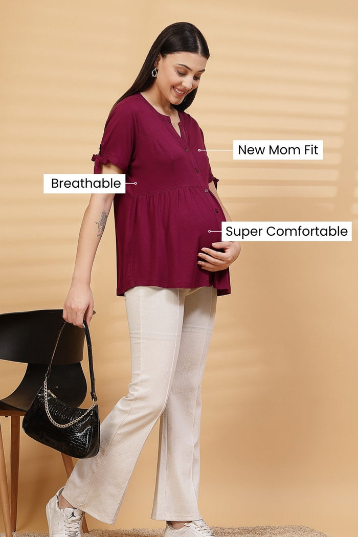 Burgundy Solid Top button placket; button detail adds style to the top design.