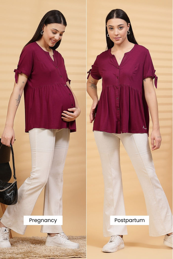 Burgundy Solid Feeding Top; zipless feature ensures simple and quick nursing.