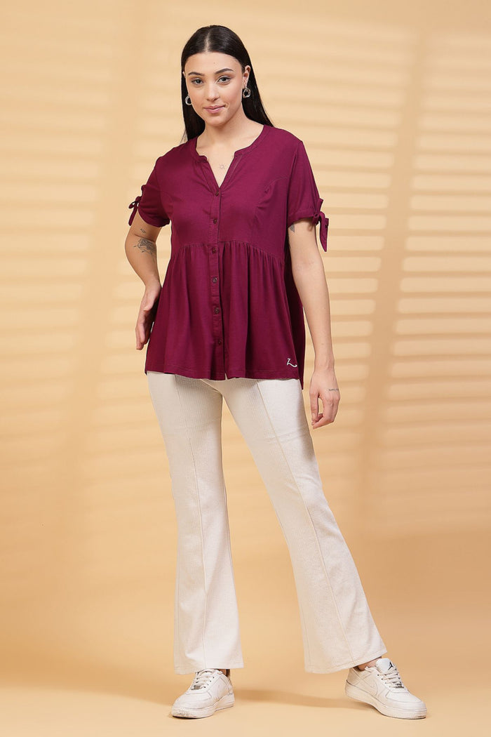 Burgundy Solid Top; solid color is easy to match with other garments.