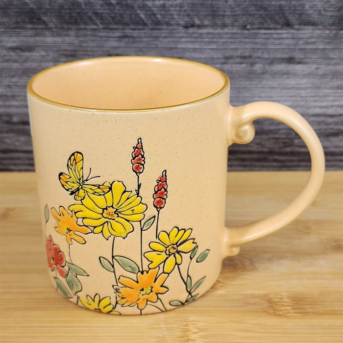 Butterfly and Yellow Flowers Country Garden Mug Nature Tan Tea Cup Blue Sky