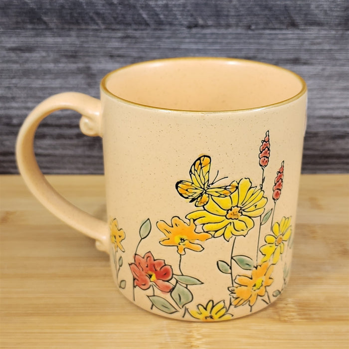 Butterfly and Yellow Flowers Country Garden Mug Nature Tan Tea Cup Blue Sky