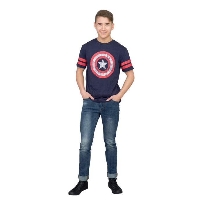 Captain America Distressed Shield Striped Sleeves Junors/Women's T-shirt