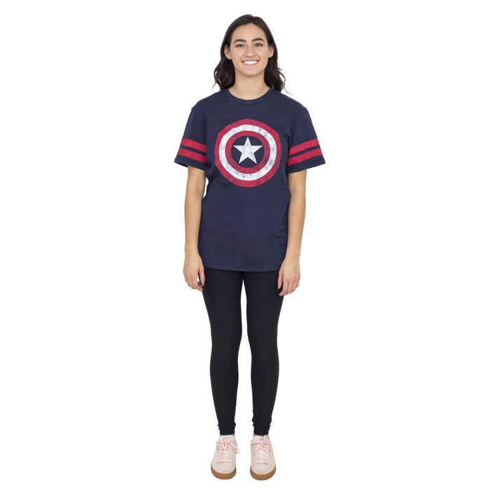 Captain America Distressed Shield Striped Sleeves Junors/Women's T-shirt