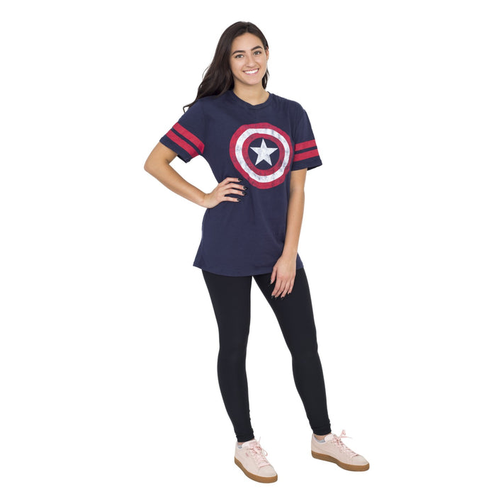 Captain America Distressed Shield Striped Sleeves Junors/Women's T-shirt