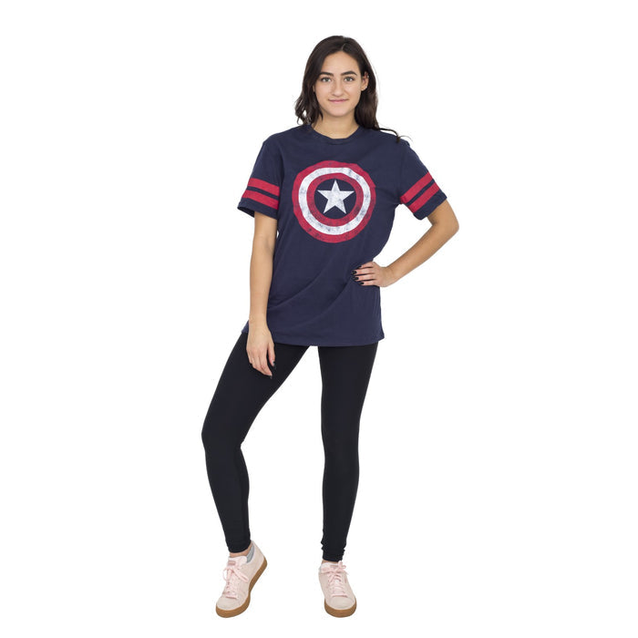 Captain America Distressed Shield Striped Sleeves Junors/Women's T-shirt