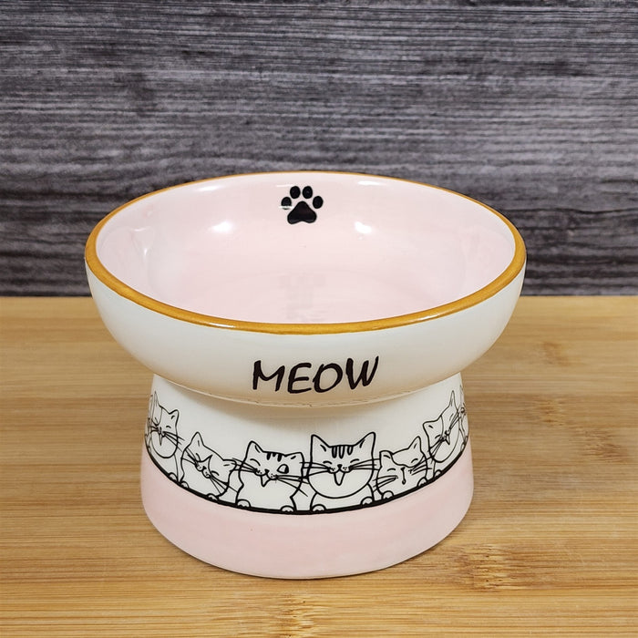 Cat Bowl Elevated Pedestal Raised Food Water Dish Pink White Ceramic Blue Sky