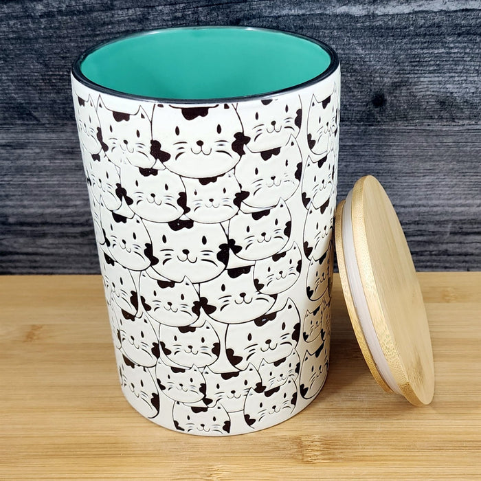 Cat Face Repeat Canister & Lid 8" Ceramic Green White Jar Whimsical Blue Sky