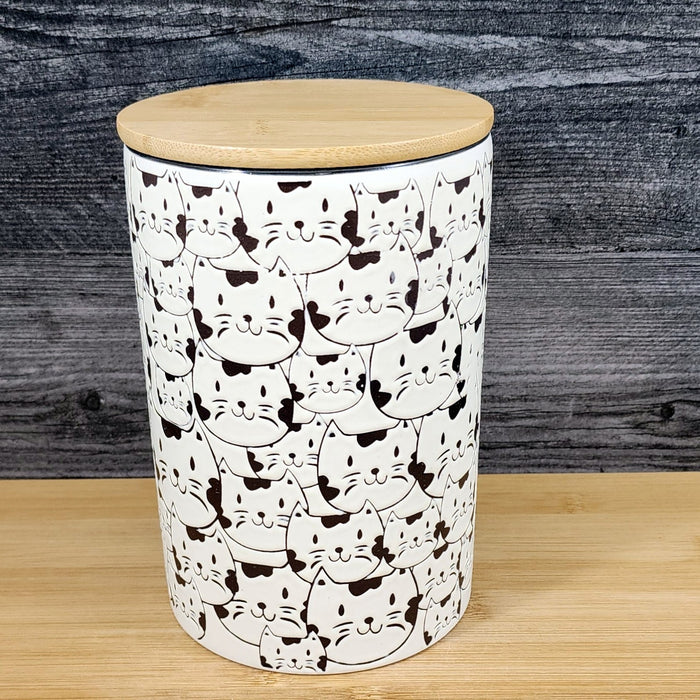Cat Face Repeat Canister & Lid 8" Ceramic Green White Jar Whimsical Blue Sky