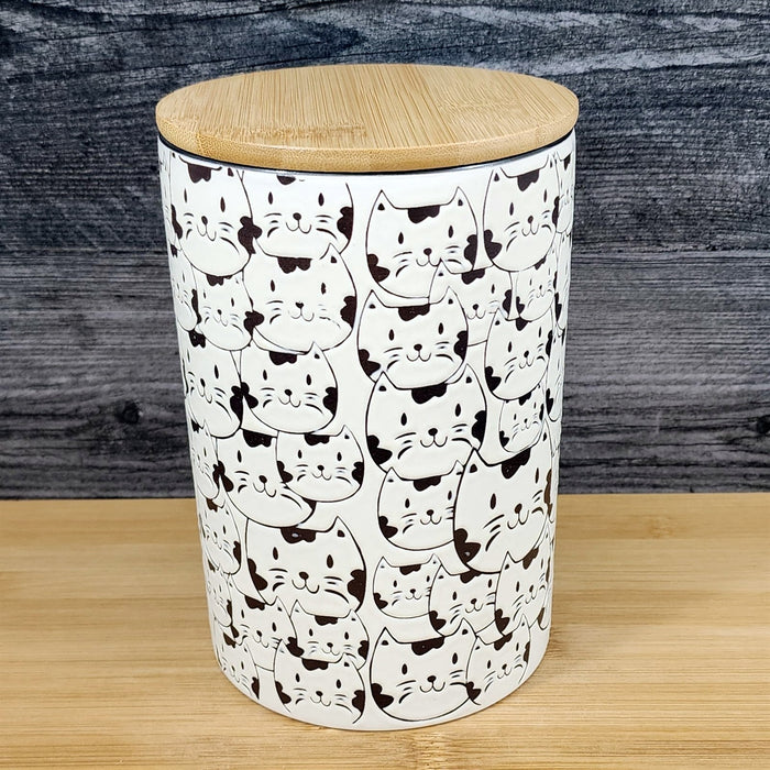 Cat Face Repeat Canister & Lid 8" Ceramic Green White Jar Whimsical Blue Sky