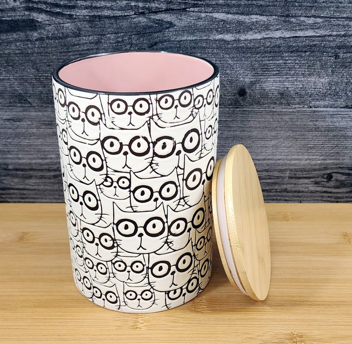 Cat Face Repeat Canister & Lid 8" Ceramic Pink and White Jar Whimsical Blue Sky