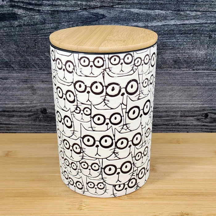 Cat Face Repeat Canister & Lid 8" Ceramic Pink and White Jar Whimsical Blue Sky