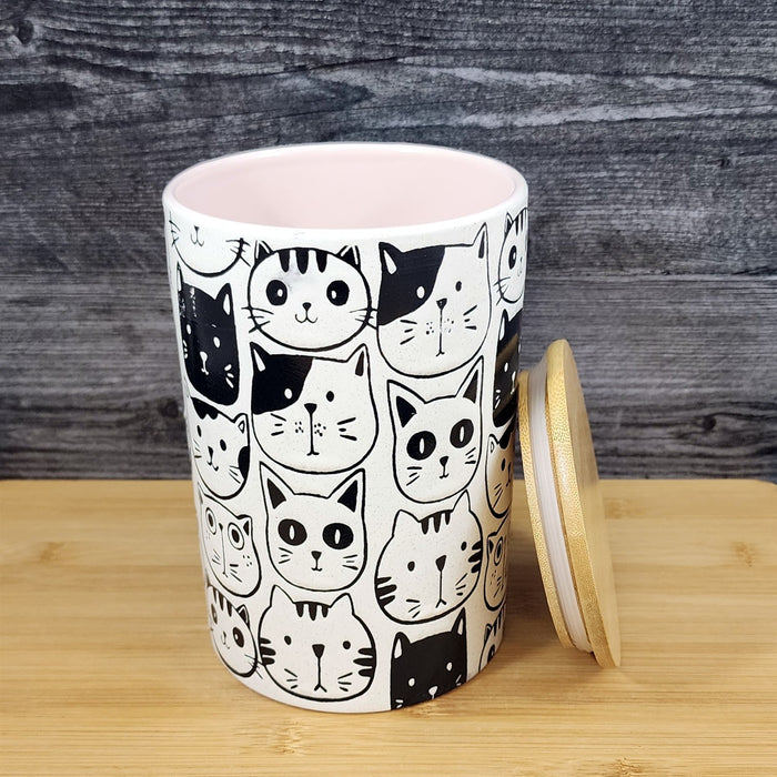 Cat Friends Canister & Lid 8" Ceramic White Pink Treat Jar Whimsical Blue Sky
