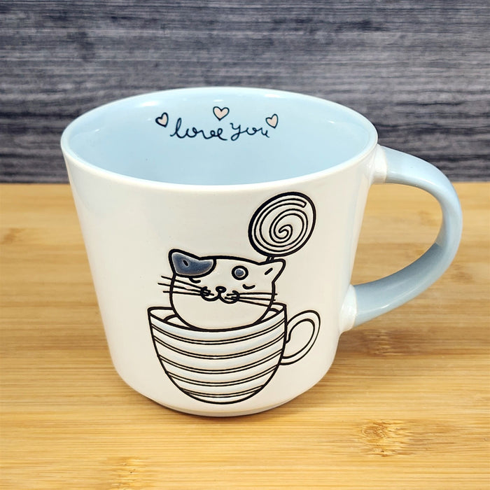 Cat Lover Coffee Mug Embossed Ceramic Tea Cup Blue Sky “Love You" inside 17oz