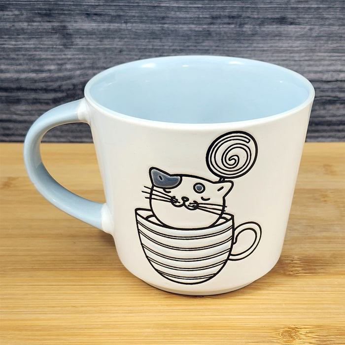 Cat Lover Coffee Mug Embossed Ceramic Tea Cup Blue Sky “Love You" inside 17oz