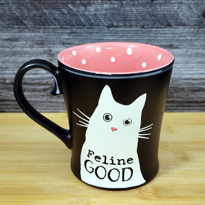 Cat Lover Saying Coffee Mug Black Ceramic Tea Cup Blue Sky Pink Inside 17oz